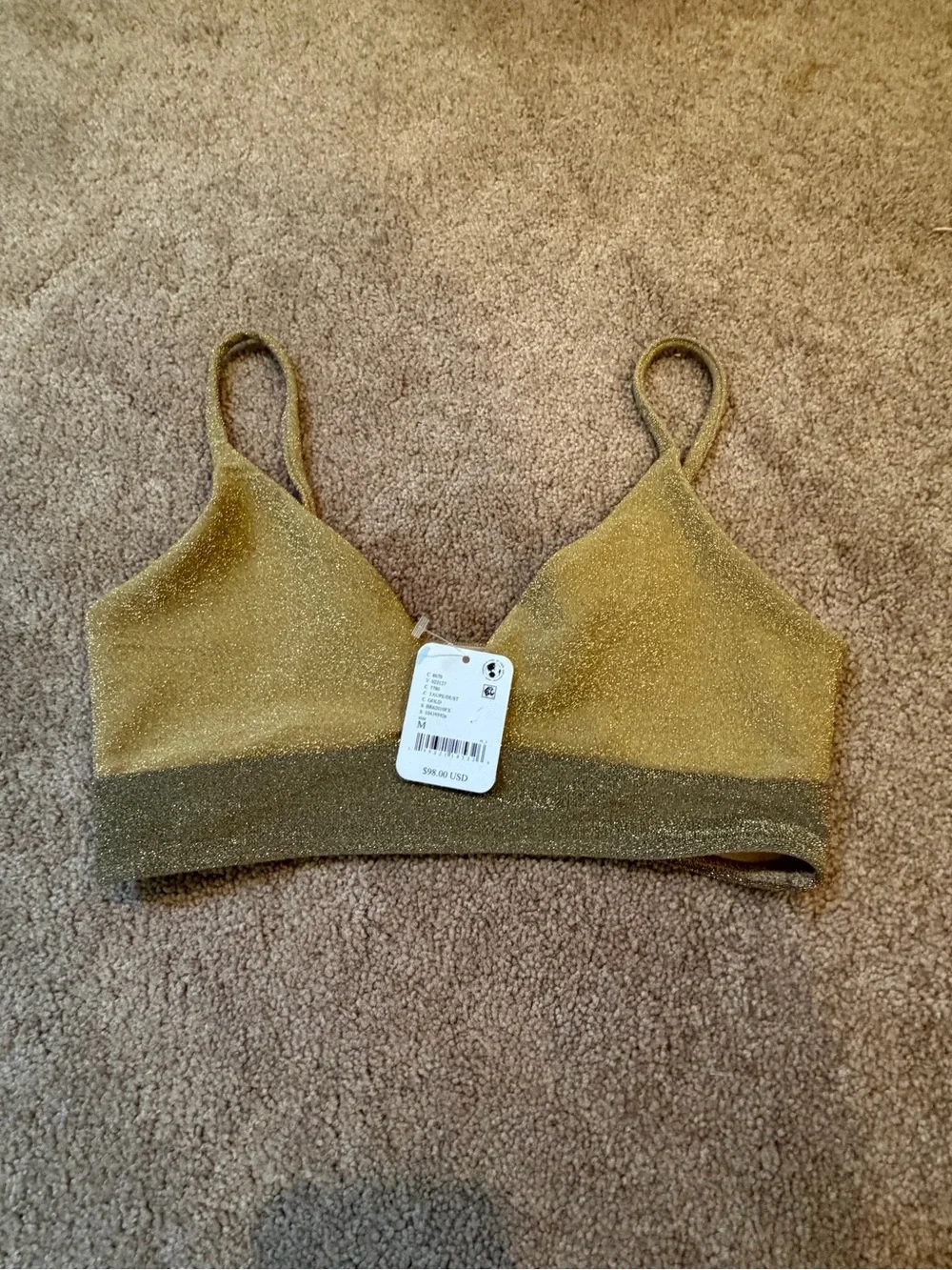 NWT new medium free people Beach Riot Noah Shimmer bikini swim top gold taupe